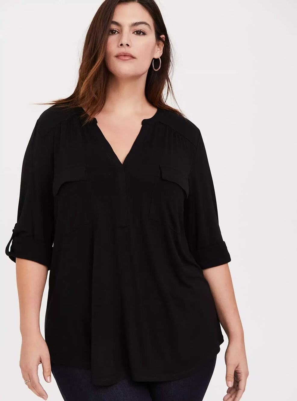 New Torrid Harper Blouse Top Black V-Neck Pocket Roll Tab Long Sleeve Size 2X